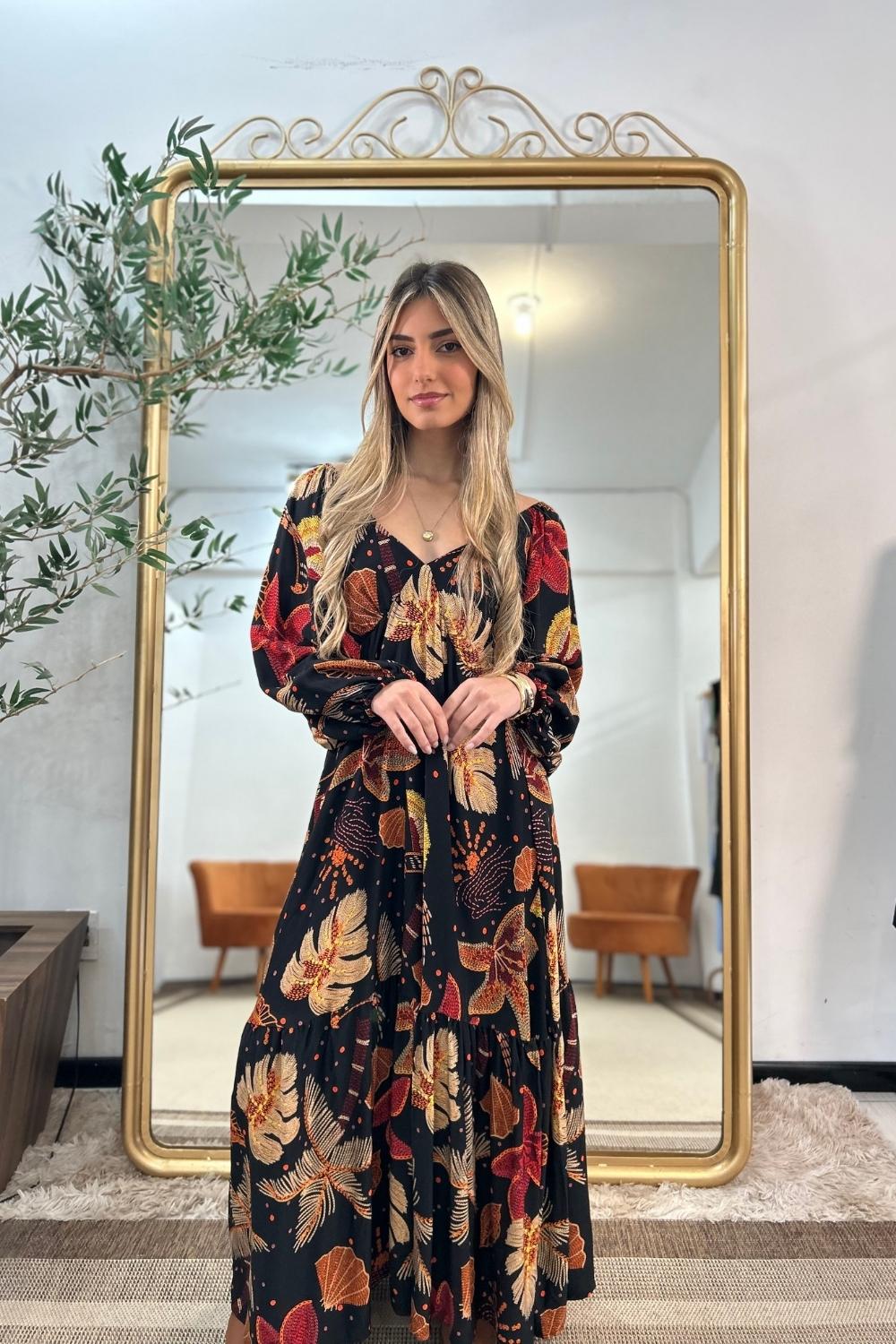 Vestido Carla Marrom Estampado Linha GOLDN [EDIÇÃO LIMITADA]
